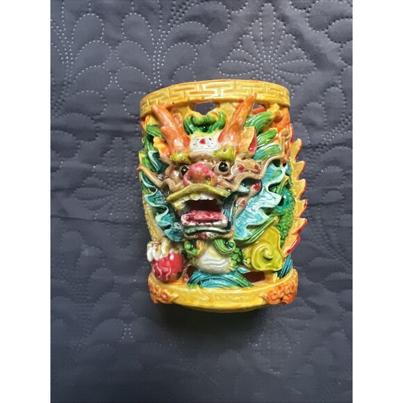Foo Dog Vastu Dragon Pen Holder Colorful Feng Shui Power Wealth Decorative 4” - Picture 3 of 13